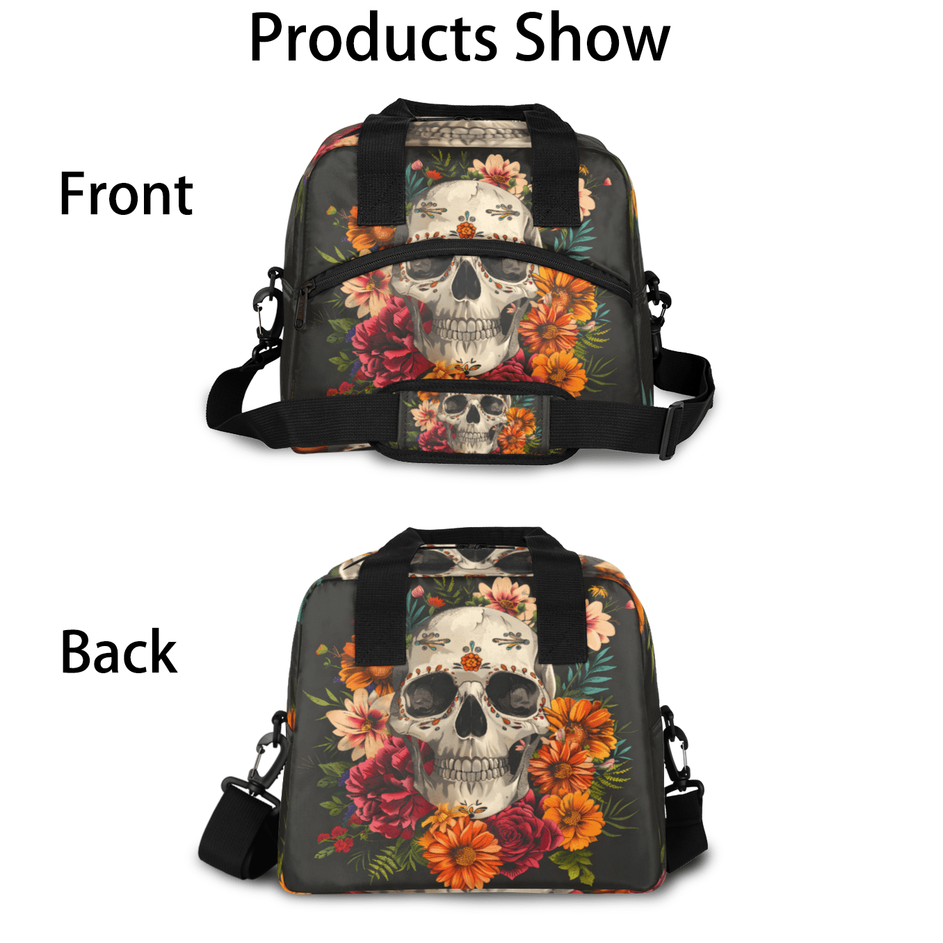 Herdesigns Sugar Flower Skull Floral Gothic Insulated Lunch Bag for Women Men Adults Large Reusable Lunch Box Leakproof Portable Cooler Tote Bags with Adjustable Shoulder Strap