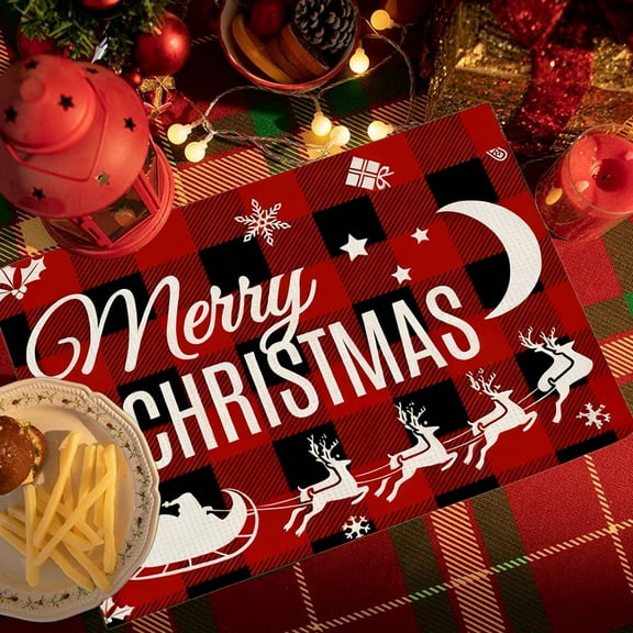 Christmas Placemats, Holiday Table Mats, Insulated Reusable Cotton Linen Tablecloths for Dining Room, Waterproof Double-Sided Decorative Xmas Table Covers with Plaid and Burlap Design