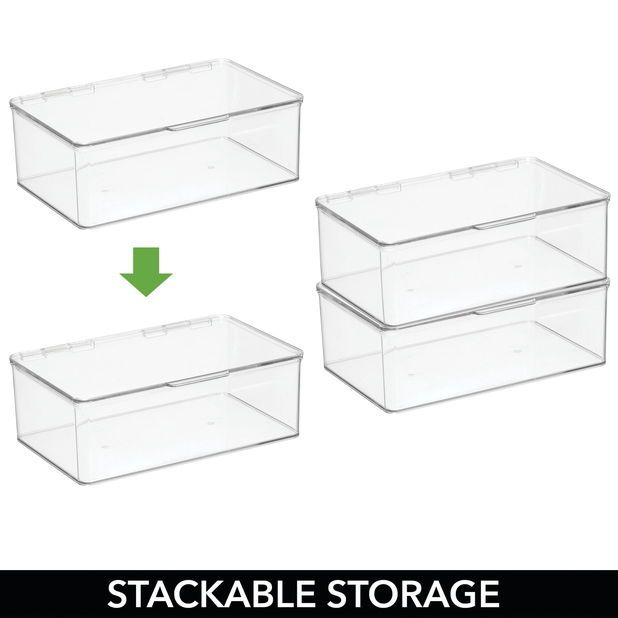 mDesign Plastic Bath Stacking Storage Organizer Box, Hinged Lid, 8 Pack, Clear