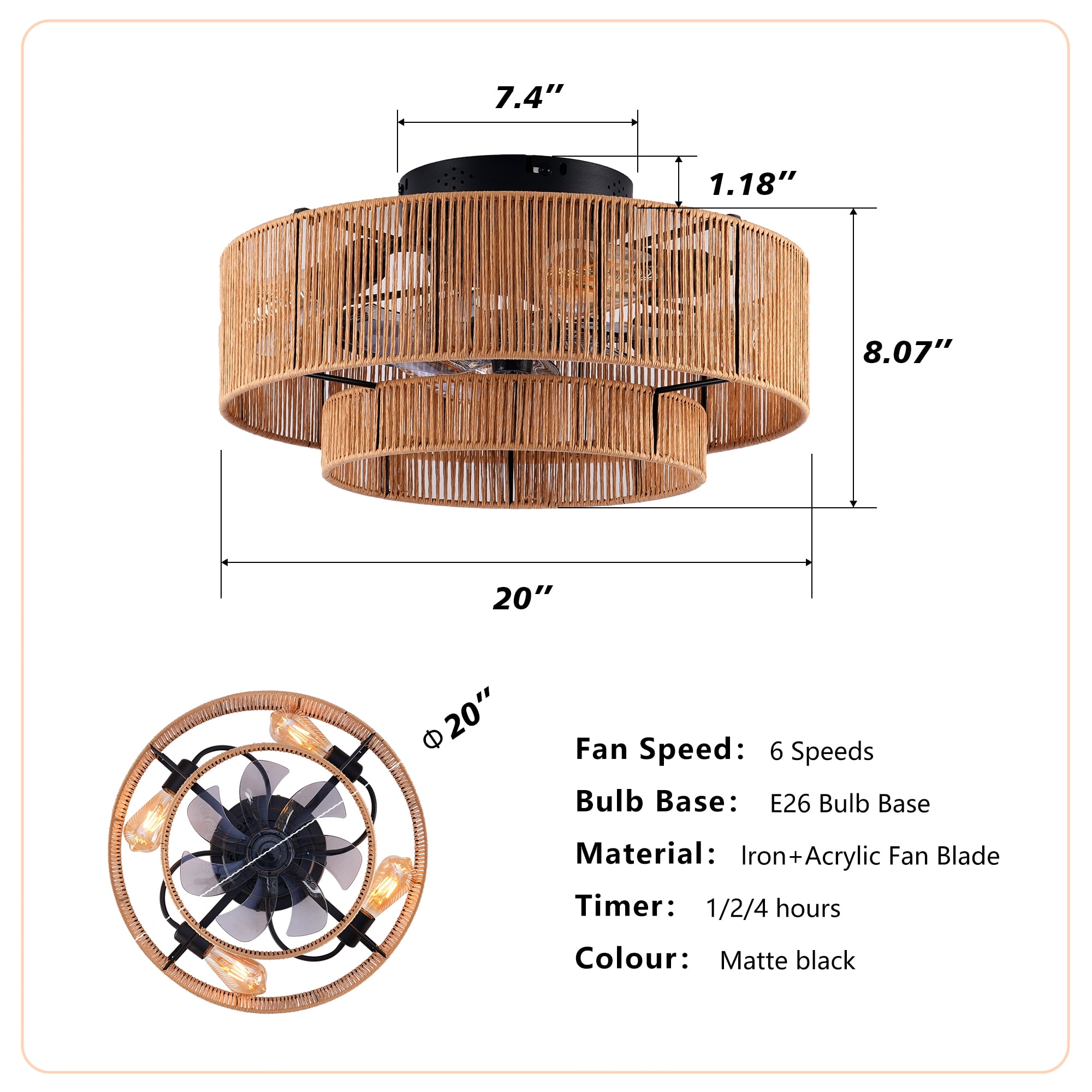 Leumius 20" Double Tier Rope Caged Ceiling Fan with Light and Remote Control, Low Profile Chandelier 6 Speed DC Motor Reversible Ceiling Fan for Living Room Bedroom (NOT Included Bulbs)