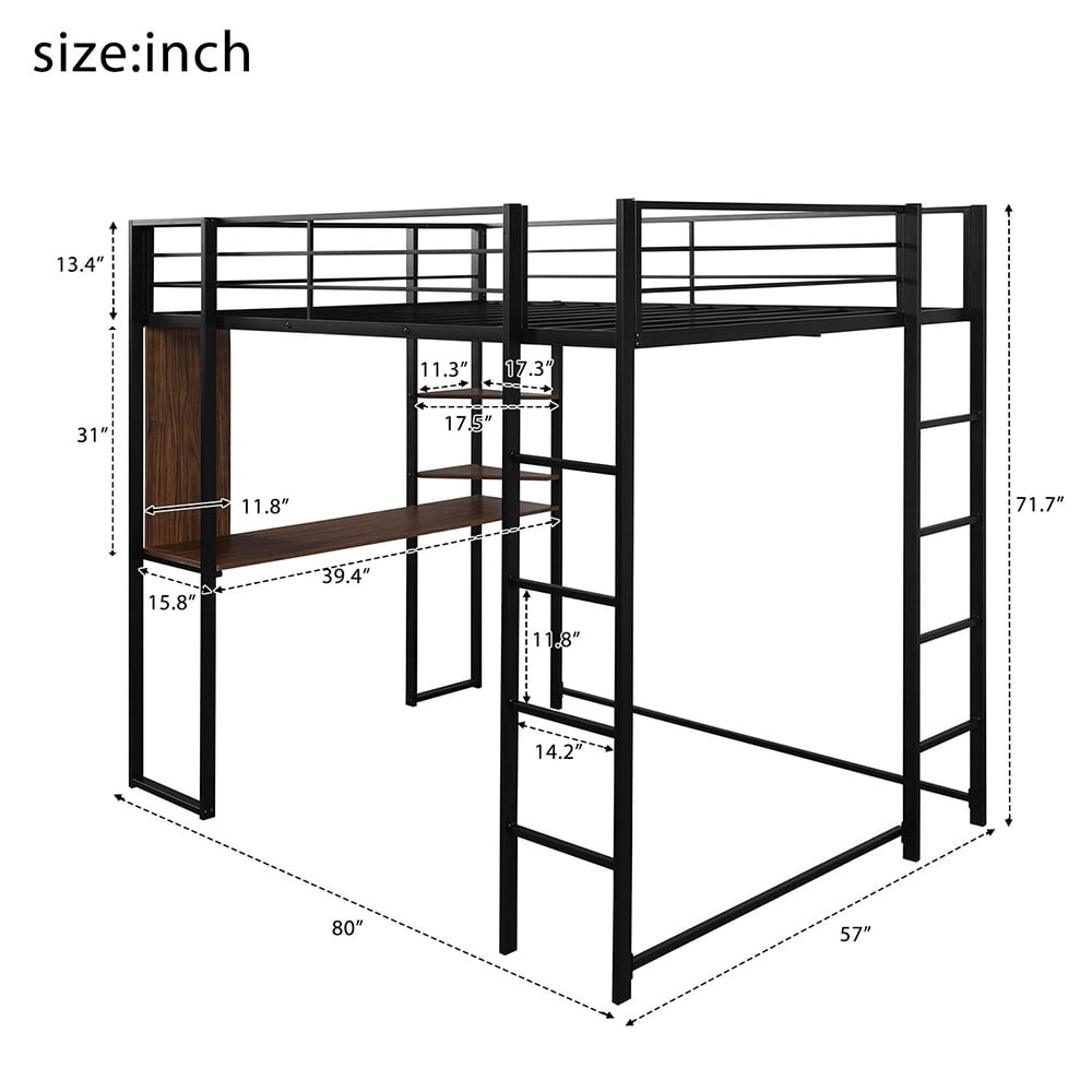 Kepooman Full Size Metal Loft Bed with 2 Shelves & Desk for Bedroom, 71.7'' H x 57'' W x 80'' L, Black Kepooman Full Size Metal Loft Bed with 2 Shelves & Desk for Bedroom, 71.7'' H x 57'' W x 80'' L, Black