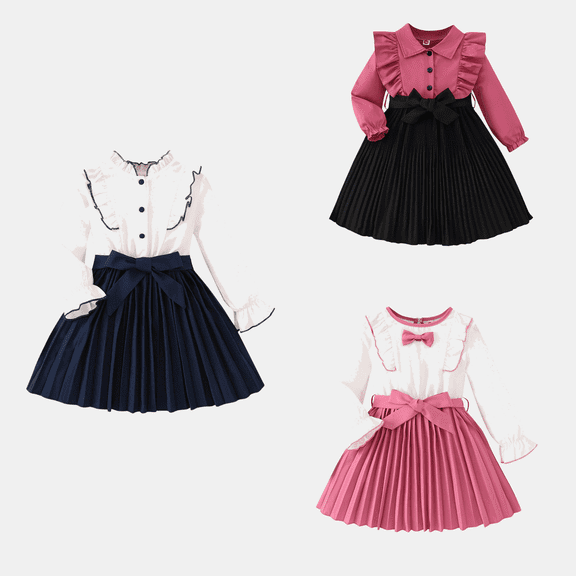 hoksml Cute Girls Ruffle Trim Dress, Long Sleeve Pleated A-Line Princess Dress with Bowknot Belt for Skater Daily School Party