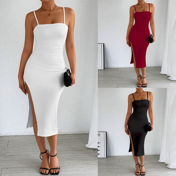 BRGZLK Womens Olid Color Hip Hugging Dress Sleeveless Summer Square Neck Slim Shoulder Casual Dresses Spaghetti Strap Double Lined Bodycon Maxi Dress
