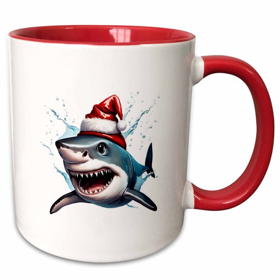 3drose, Santa Jaws Christmas Shark Cartoon Art, 11oz Two-tone Red Mug