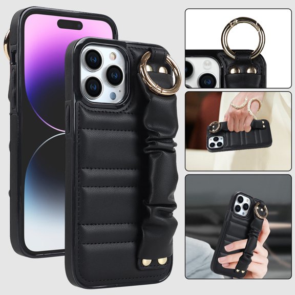 SaniMore Case for iPhone 14 Pro Max 6.7" 2022 with Pleated Wristband & Metal Carabiner, PU Leather Wear-resistant Fashion Durable Shockproof Anti-drop Shell for Girls Women, Black