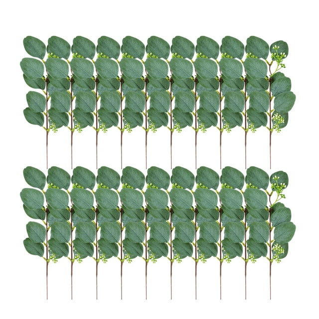 Wosthever 20 hojas de eucalipto artificiales de tallo largo, ramas de hojas falsas, accesorio de simulación de autoensamblaje, planta verde, Decoración hoja larga con fruto