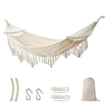 TEAFIRST Double Hammock, Canvas Solid Wood Tassels Knitting with Mounting Straps for Outdoor Beige