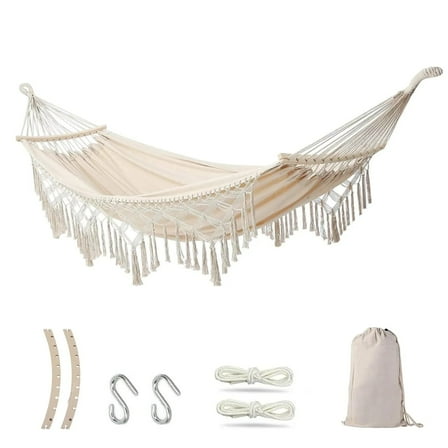 TEAFIRST Double Hammock, Canvas Solid Wood Tassels Knitting with Mounting Straps for Outdoor Beige