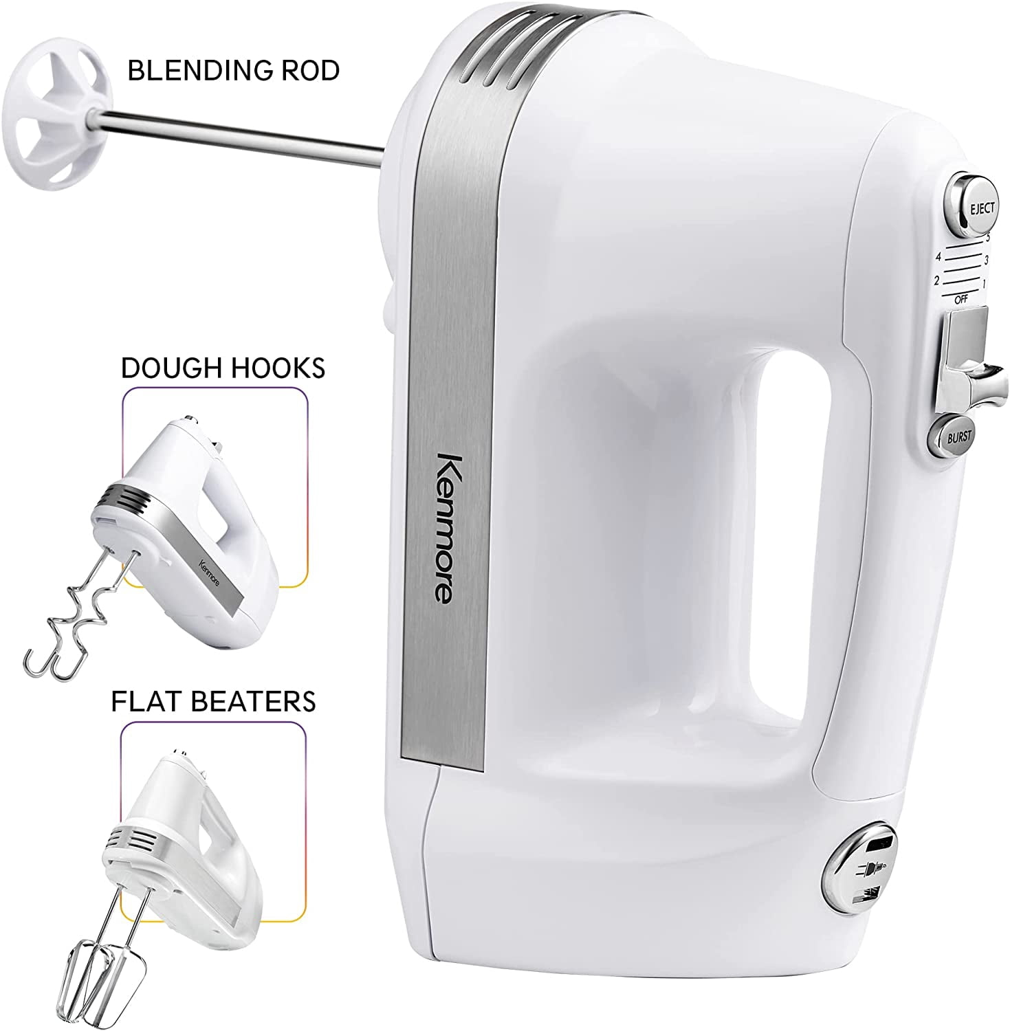 5-Speed Hand Mixer with 250W Motor, Beaters, Dough Hooks, and Cord Retract for Baking