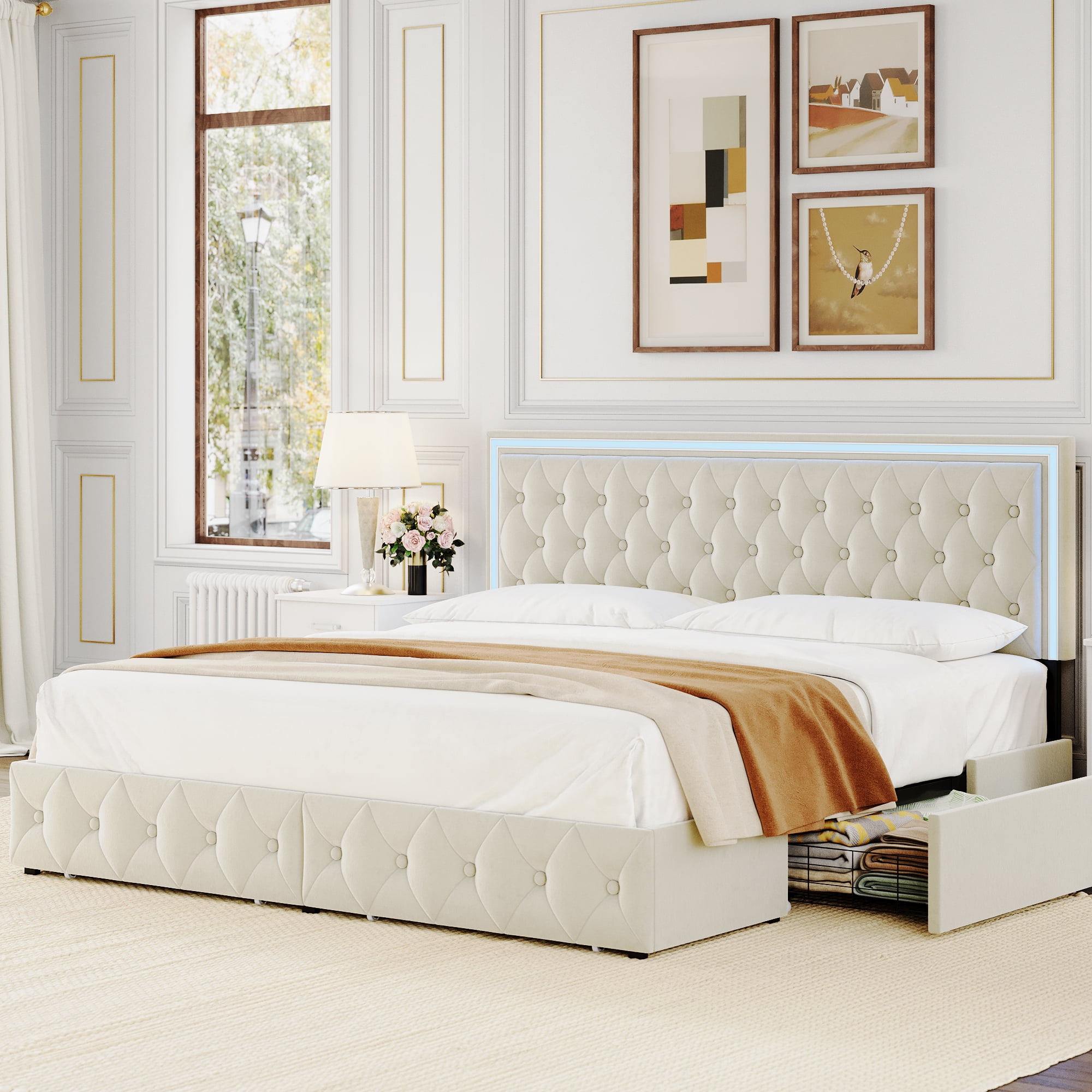 Furniture of America Seboya White King Panel Bed with LED Light