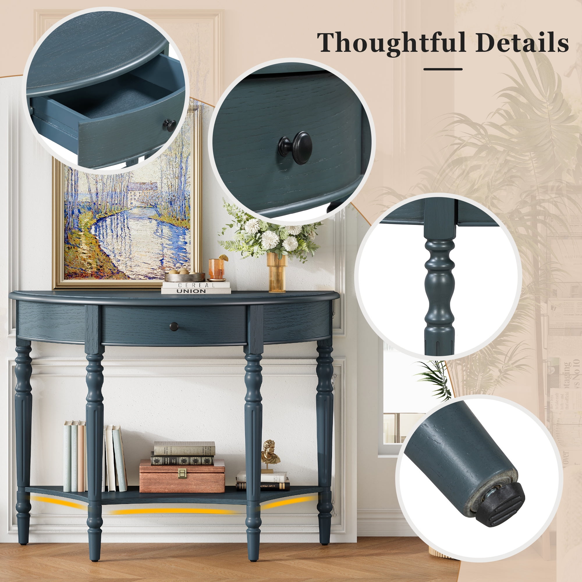 Euroco Farmhouse Half Moon Console Table, Narrow Sofa Table with Storage Shelf & 1 Drawer ,Wood Entryway Table Accent Table for Living Room, Hallway and Foyer,Navy