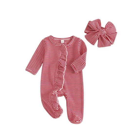 Elippeo Newborn Baby Girl Footed Romper Stripe Print Long Sleeve Ruffled Zipper Jumpsuit with Headband for Fall 3 6 9 12 Months