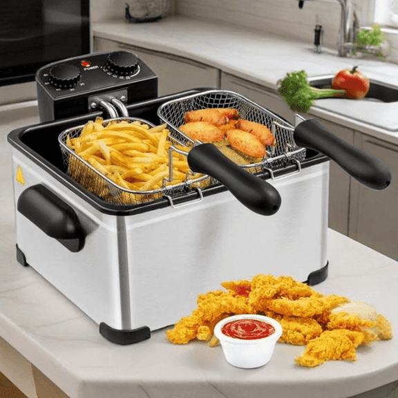 Spaco Electric Deep Fryer 5.3QT/21-Cup Stainless Steel 1700W, Professional Electric Deep Fryer with Triple Basket and Cool Touch Handles, Silver