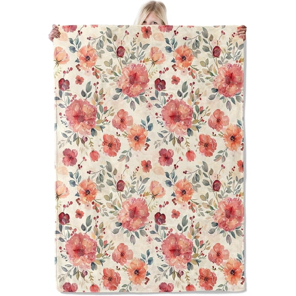 Watercolor Floral Blanket Flannel Throw 50x60in,Soft Pink,Coral and Burgundy Flowers on Cream Background,Cozy Lightweight Throw for Women,Girls,Romantic Home Decor Gifts Blankets