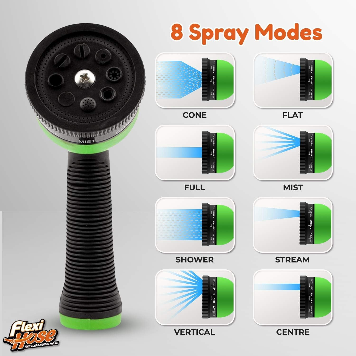 Flexi Hose with 8 Function Nozzle, 50FT - Lightweight Expandable Garden Hose, No-Kink Flexibility, 3/4 Inch Solid Brass Fittings and Double Latex Core - Black and Green