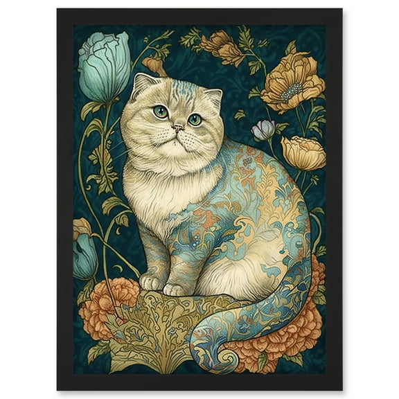 William Morris Inspired Cute Cat with Floral Pattern Fur and Flowers Colourful Modern Illustration Artwork Framed Wall Art Print A4