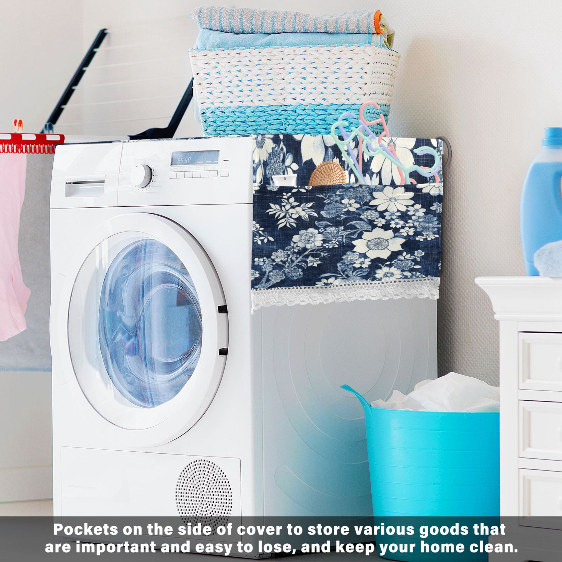WOBOGO White Vintage Flower in Indigo Blue Washing Machine Cloth Dryer Refrigerator Top Cover Protective Non-Slip Mat For Kitchen Laundry