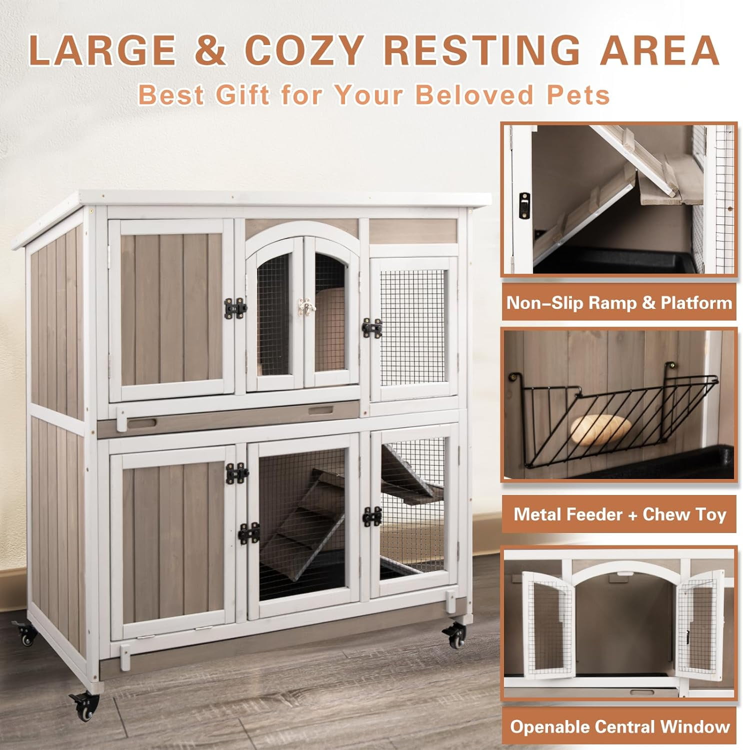 PETSCOSSET 47"L Rabbit Hutch Indoor Wooden 2 Story Rabbit Large Bunny Hutch Outdoor Bunny Cage on Wheels