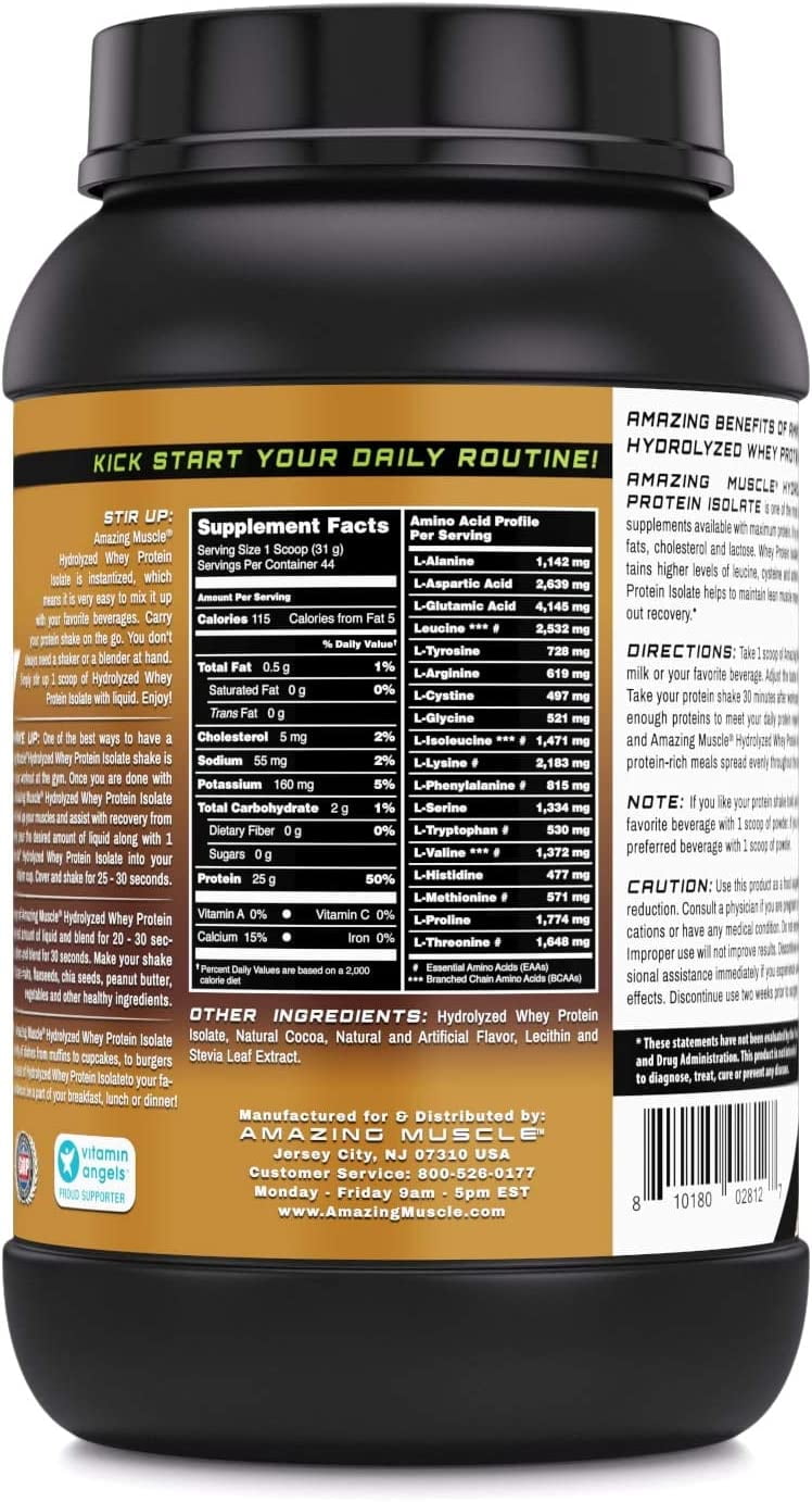Amazing Muscle Hydrolyzed Whey Protein Isolate 3 Lbs Powder Supplement | Chocolate Flavor | 44 Serving | 1 Scoop 31g | Non-GMO | Gluten-Free |