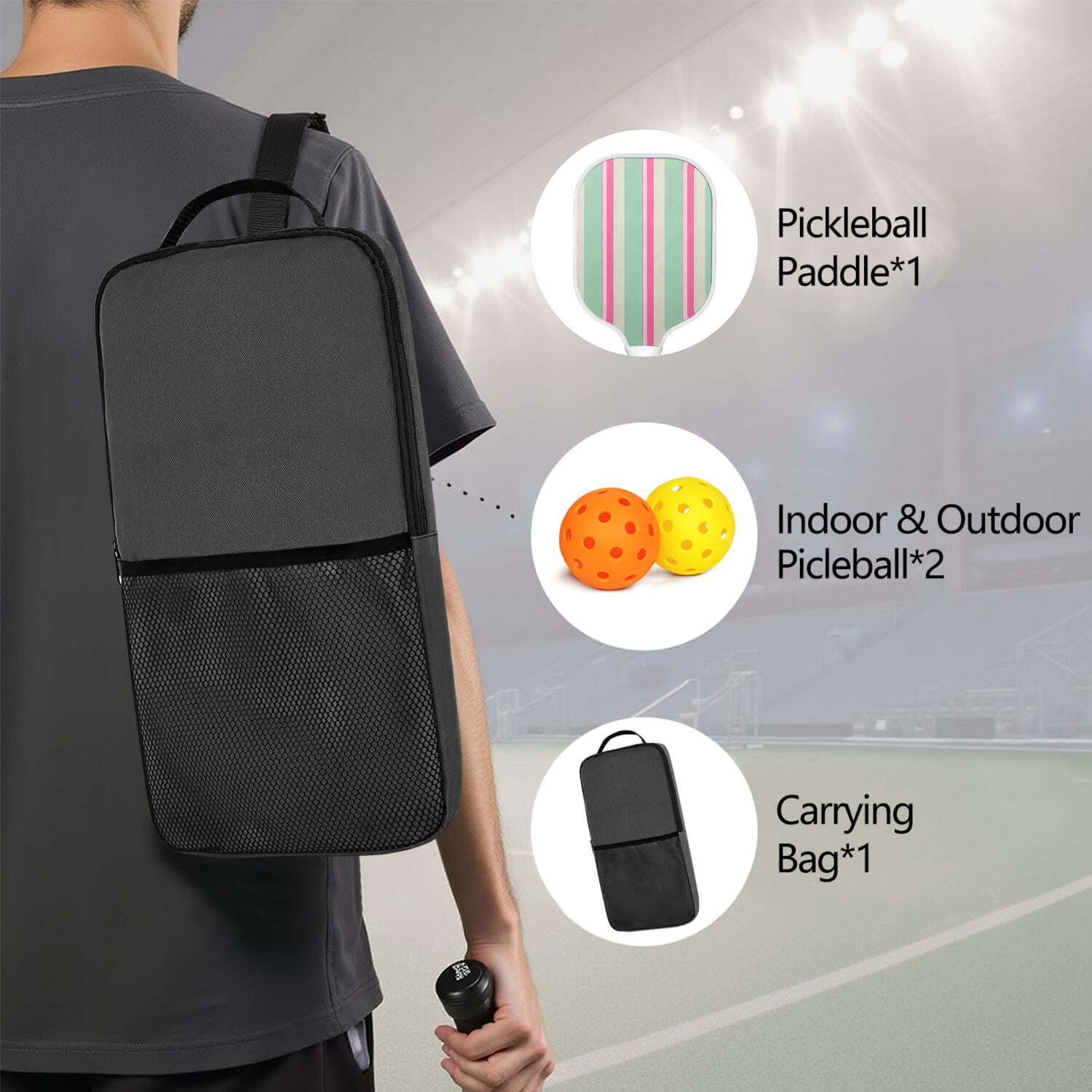 Pickleball Paddles Set Of 1, Fiberglass Surface, Colorful Lines Print, 1 Paddle, 2 Balls & Bag