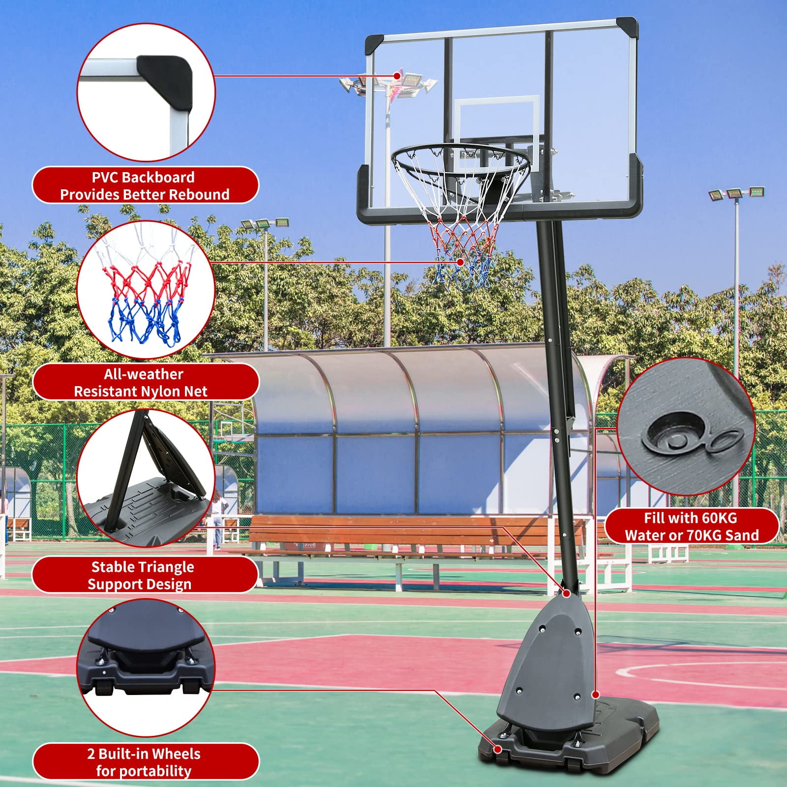 Height Adjustable Basketball Hoop, 7.5 to 10ft Stand with 44 Inch Backboard, Portable Goal System with Stable Base and Wheels, for Outdoor Use