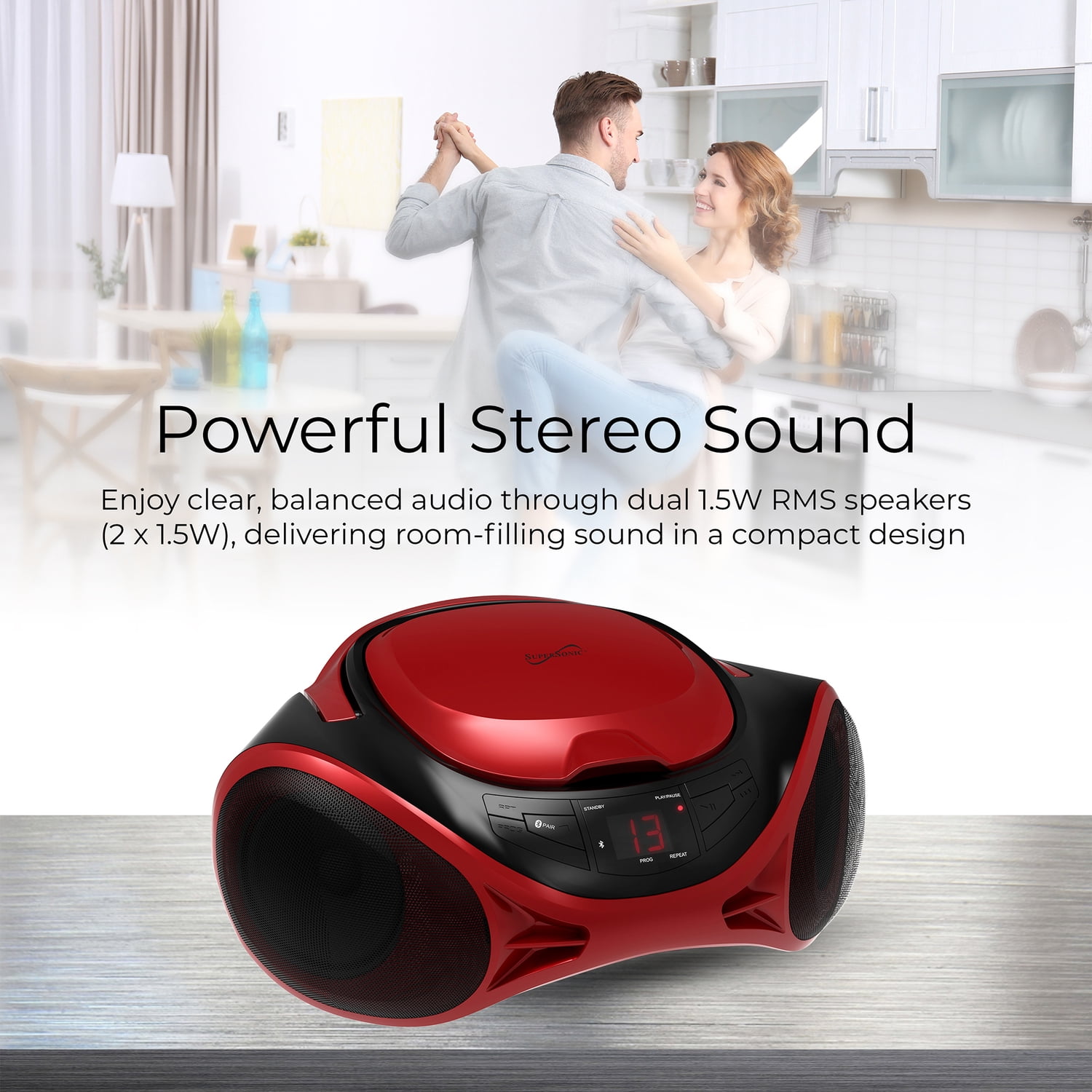 Supersonic 3-Watt-RMS Portable Bluetooth CD Music System with Built-in Speakers, CD Player, AM/FM Radio, and Aux, Dual Power, SC-726BT (Red)