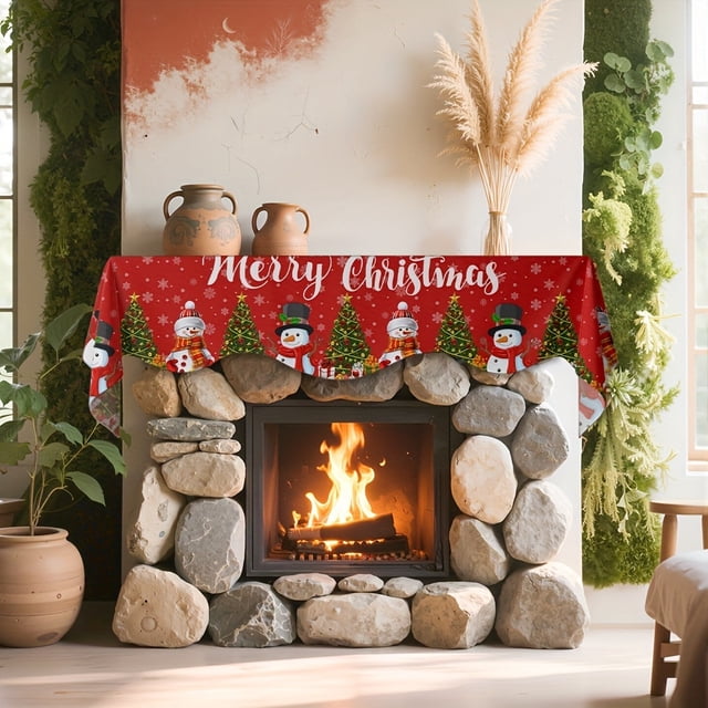 Christmas Fireplace Scarf Decoration With Snowman And Tree Design For Living Room Mantel Cover 1 Piece