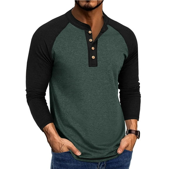 GuangCheng George Mens Henley Shirts,Color Block,Long Sleeve,Casual Tees,Raglan Sleeve,Athletic Comfort Tops,Green,Size 3XL