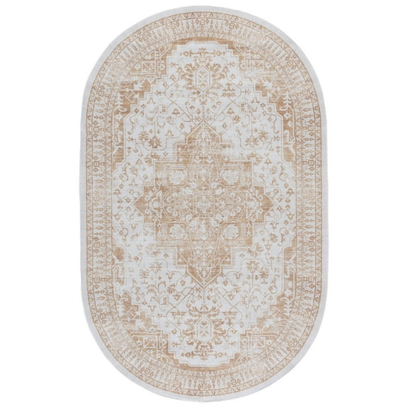 SAFAVIEH Arizona Bradford Oriental Machine Washable Area Rug, Beige/Gold, 5' x 8' Oval