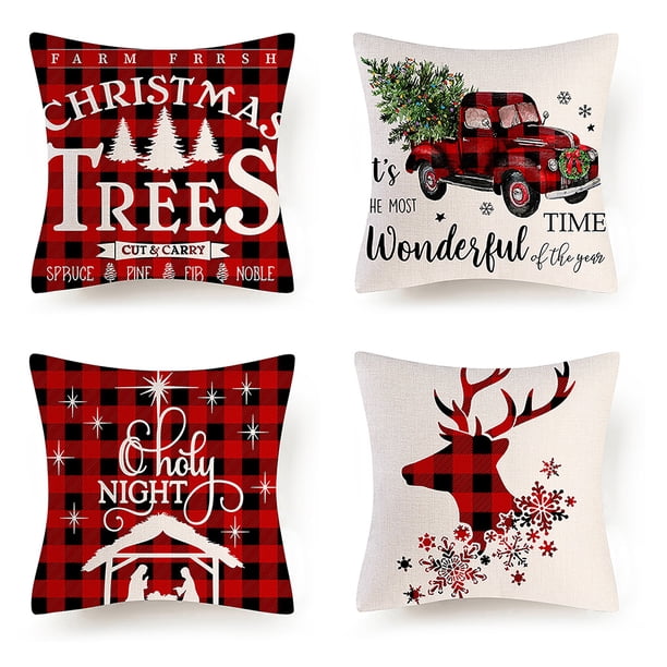 Juego de 4 piezas funda de almohada con estampado de algodón y lino, funda de almohada navideña para el país, funda de almohada para habitación de fiesta de cumpleaños, sofá, dormitorio Methold HA009543-01