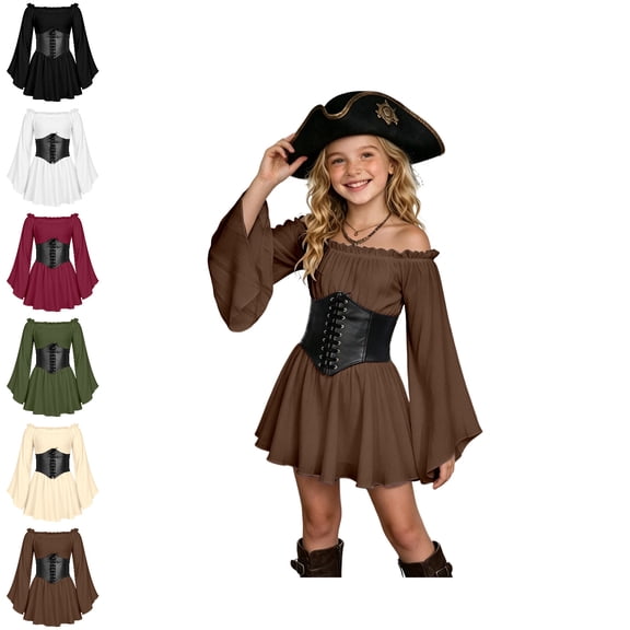 Pirate Dress Tween Bell Sleeves Medieval Dress with Corset Belt A Line Pirate Costume Tween Girls