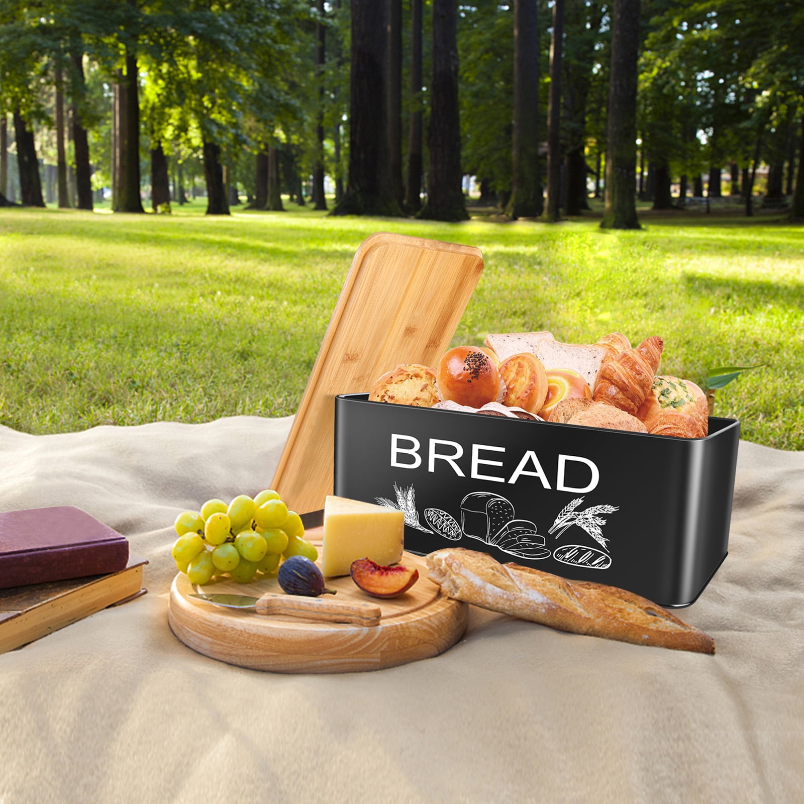 JIGUOOR Black Bread Box, Large Space Metal Bread Box with Wooden Cutting Board Lid, Farmhouse Bread Bins Kitchen Bread Storage 12.99" x 7.08" x 4.72"（L Size）