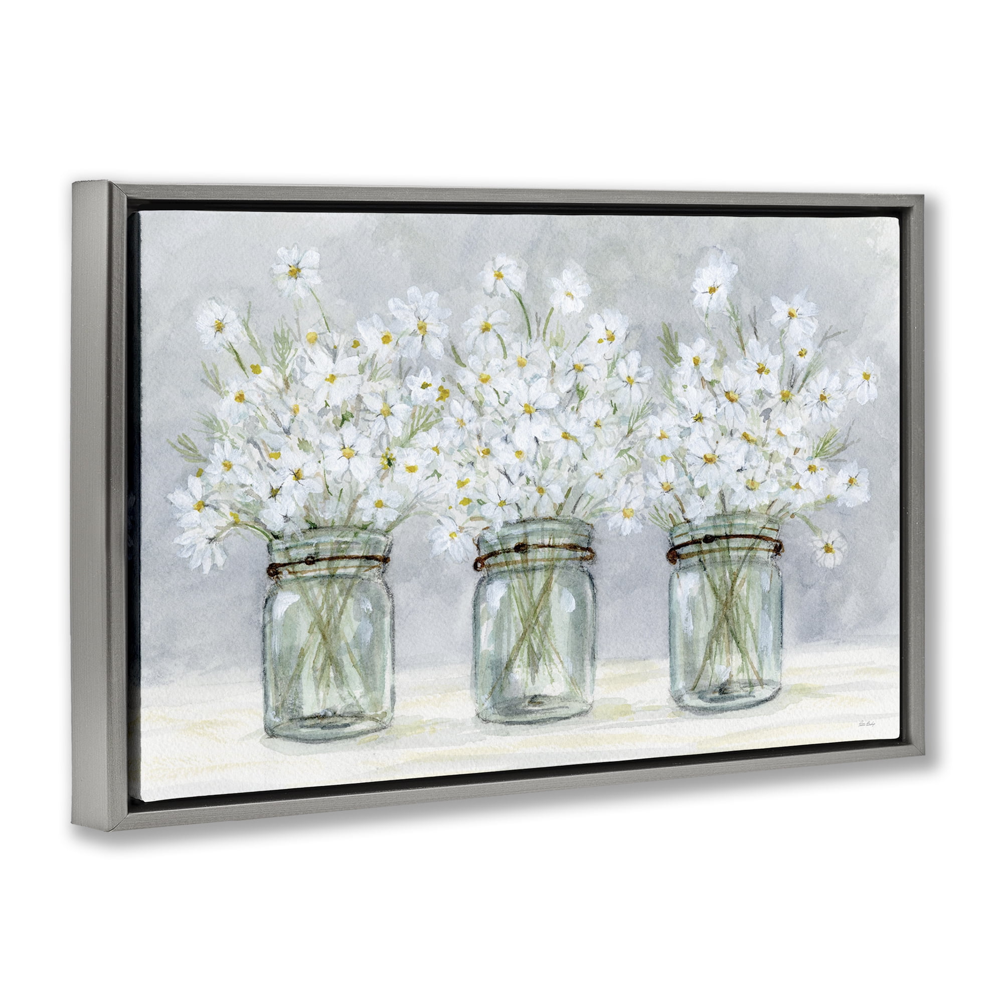 Stupell Industries Daisies In Jars Botanical & Floral Painting Gray Floater Framed Art Print Wall Art, 31 x 21