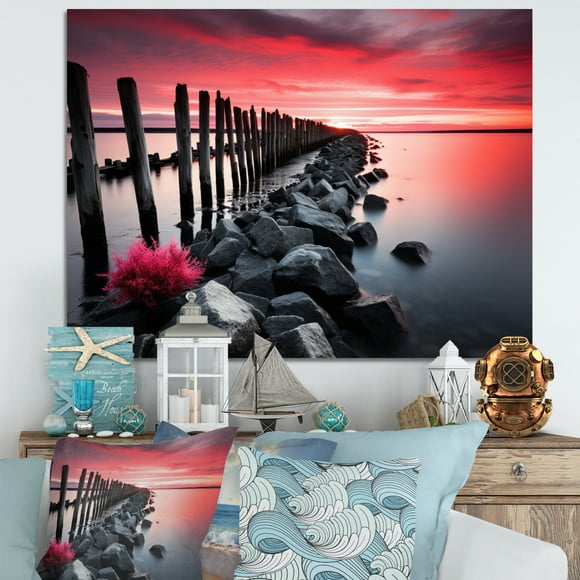 Designart Beach & Ocean Wall art decor, Beach & Ocean Wall Art, Glowing Seaside by the Coast , Coral Nautical & Coastal Canvas wall art, 44x34 inches
