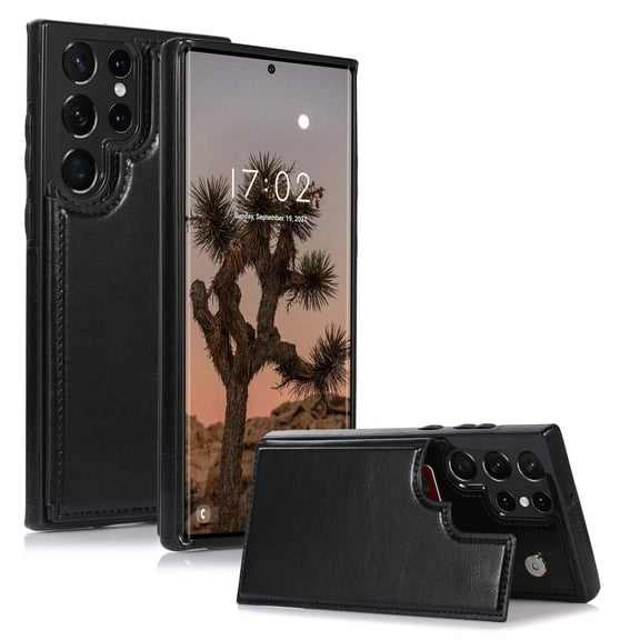 FIEWESEY for Samsung Galaxy S22 Ultra Wallet Case with Card Holder, PU Leather Kickstand Card Slots Case, Double Magnetic Clasp Durable Shockproof Cover for Samsung Galaxy S22 Ultra(Black)