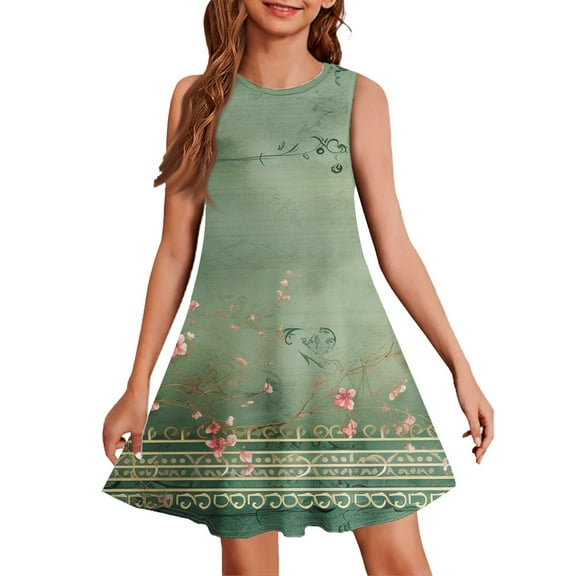 YOUYEDIAN Teen Dresses 2025 Summer Cute Sleeveless Sundress Floral Print Army Green Crewneck Dress Flowy Midi Dress,Army Green 4-5 Years
