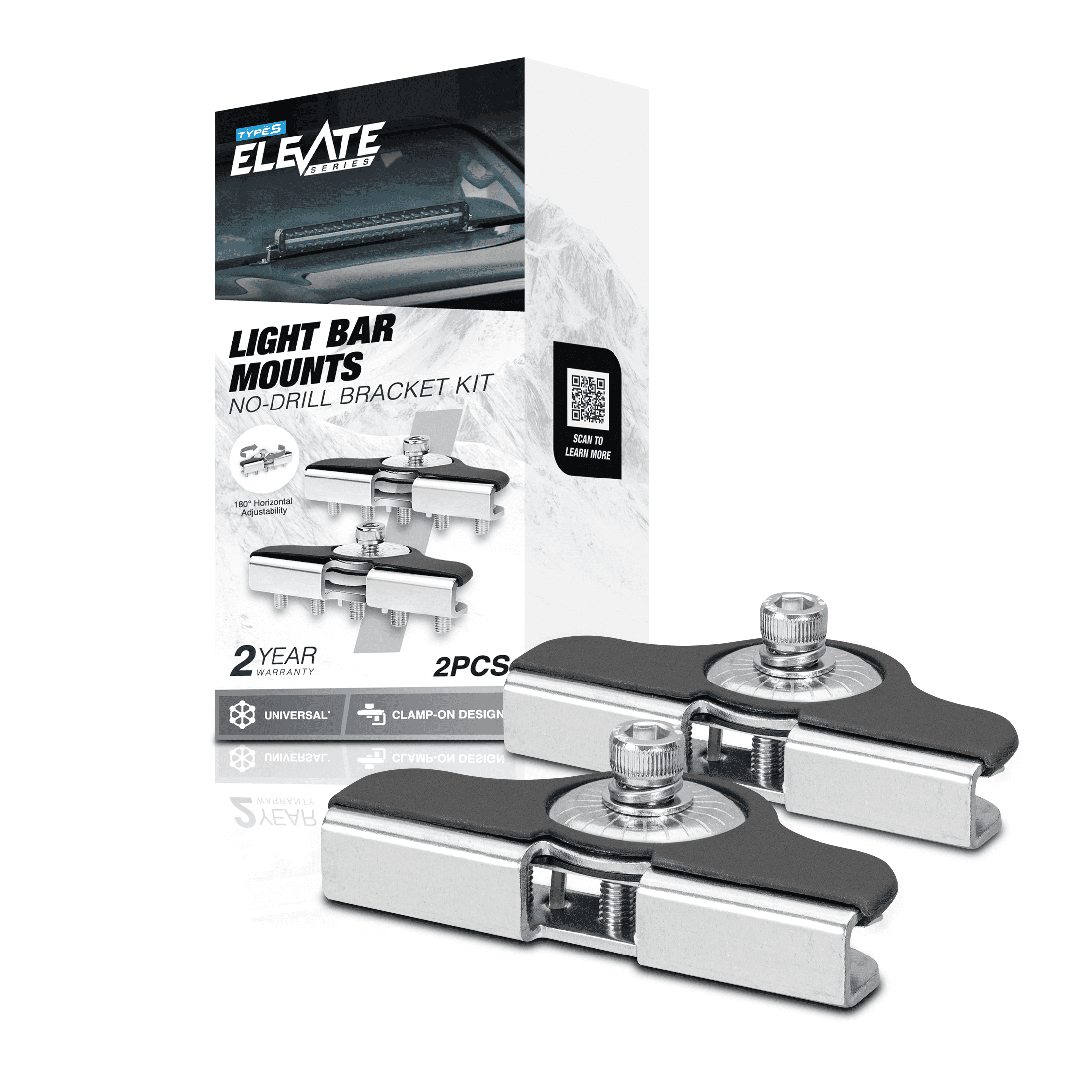 TYPE S Universal Light Bar Hood Mount Kit, Clamp-On No-Drill Brackets, Silver, 2-Pack