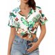 thumbnail image 1 of Camisa de manga corta con cuello vuelto para mujer, blusa informal elegante con botones y estampado floral para fiesta en la playa, verde, L, 1 of 5
