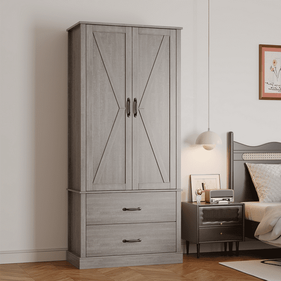 Kitchen Pantry Cabinet, Farmhouse Storage Cabinet with Barn Doors, Drawers and Adjustable Shelves, Versatile Storage for Kitchen, Dining Room, Rustic Grey