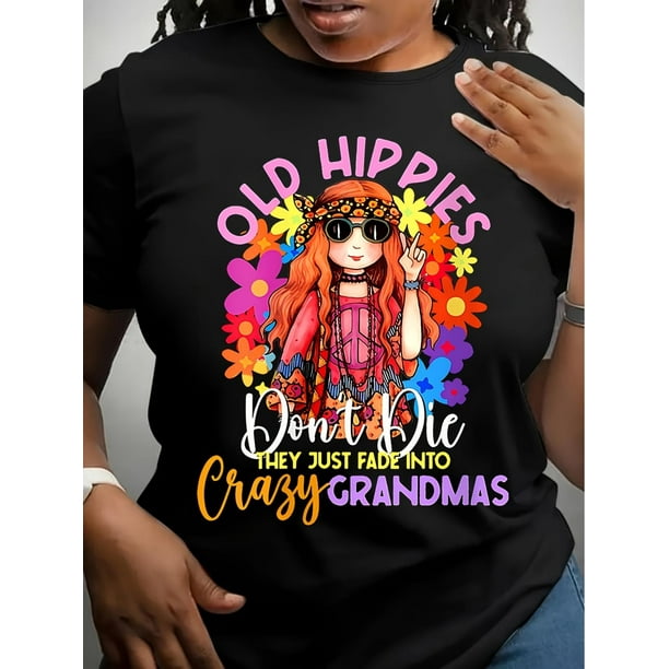 Women's Casual Crew Neck T-Shirt with Old Hippie Graphic Print - Breathable & Comfortable, All-Season Short Sleeve Tee