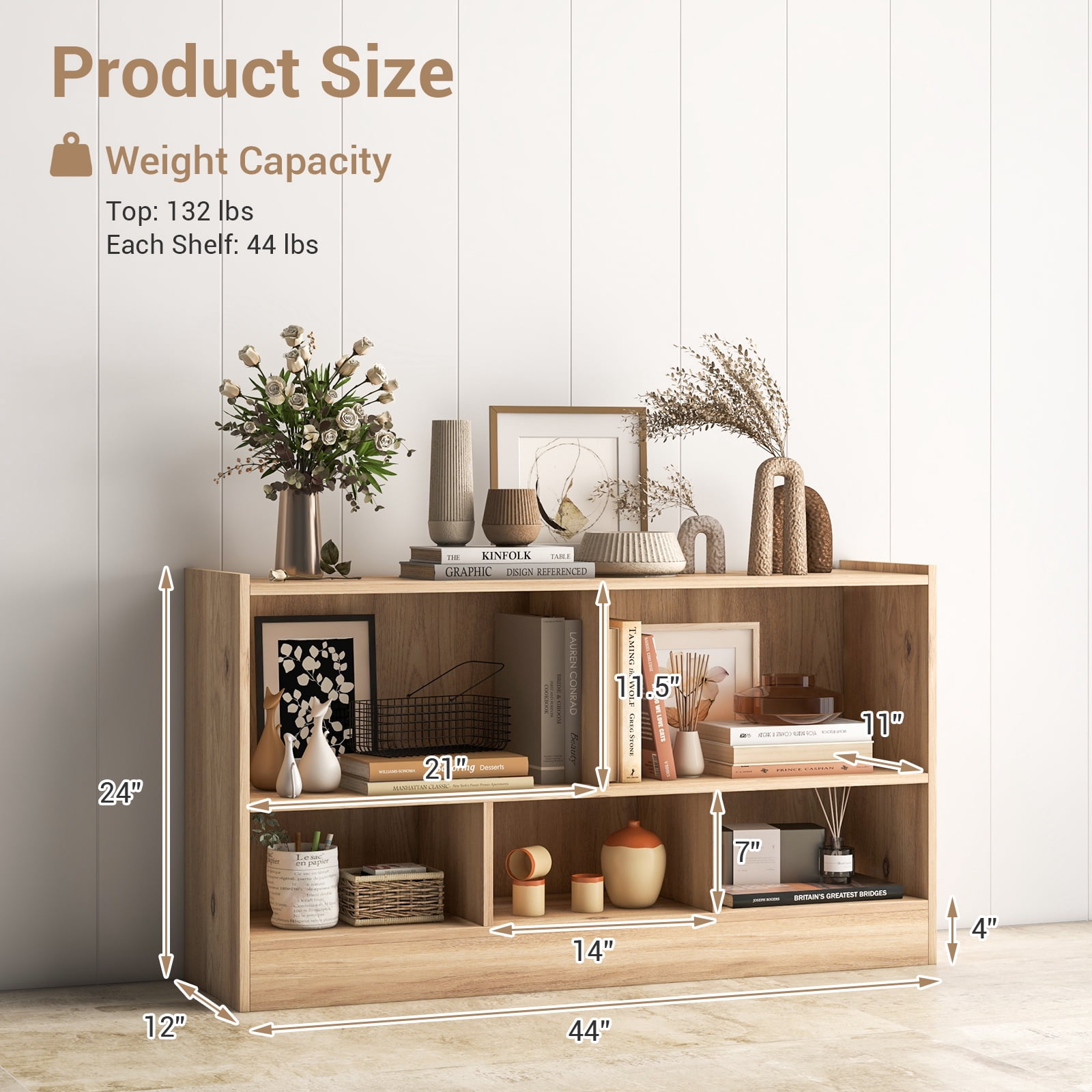 Costway 2-Tier Kids Bookcase with Spacious Top & Raised Base Toy Organizer with 5 Compartments Light Natural