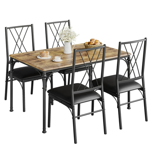 Bingirl Dining Table Set for 4, Kitchen Table and Chairs for 4 with Padded Seats, 5 Piece Dining Room Table Set with Roman Columns for Small Space, Home