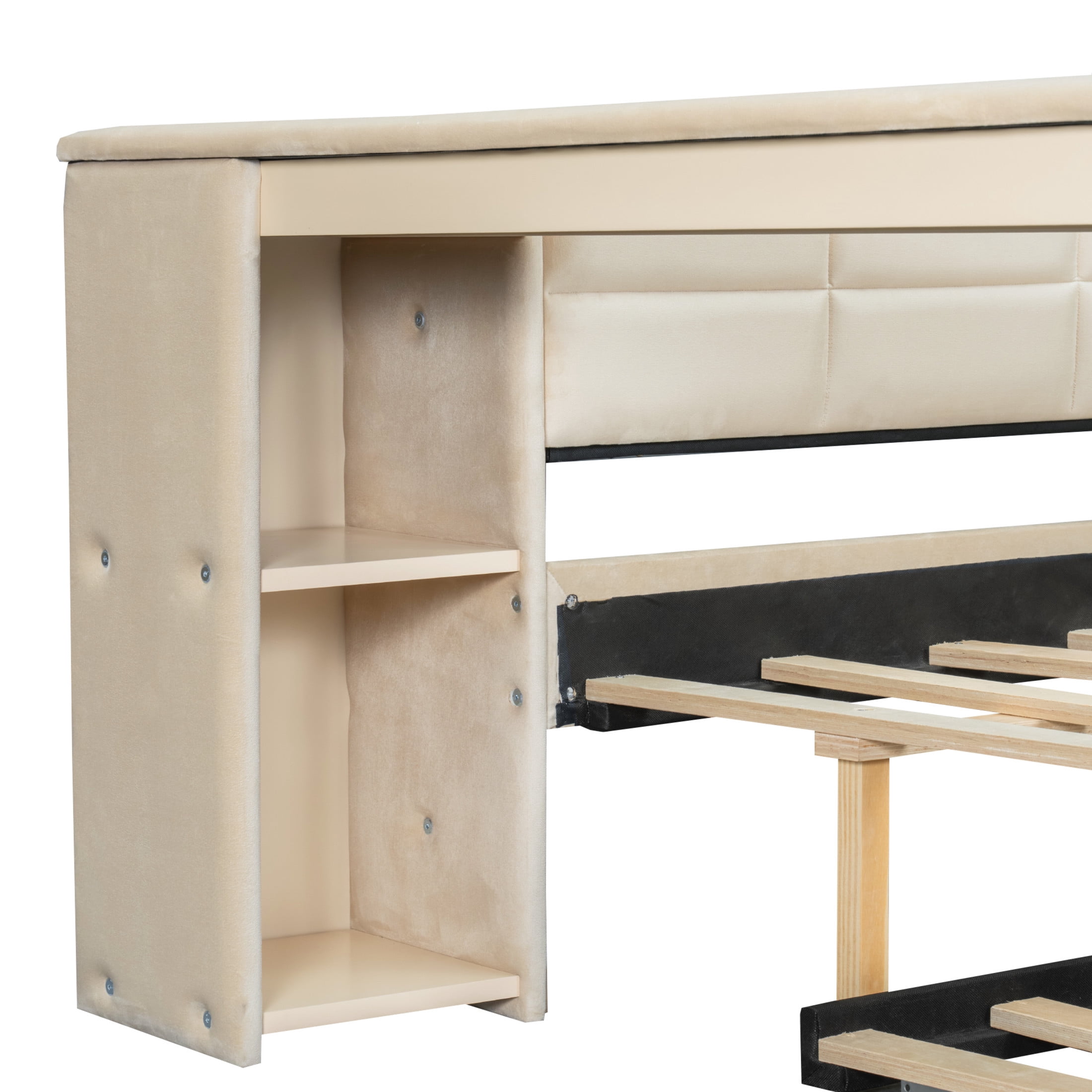Noble House Sonoma Full Velvet Upholstered Bed with Trundle, Side Desk, Charging Station and Storage Shelves, Beige