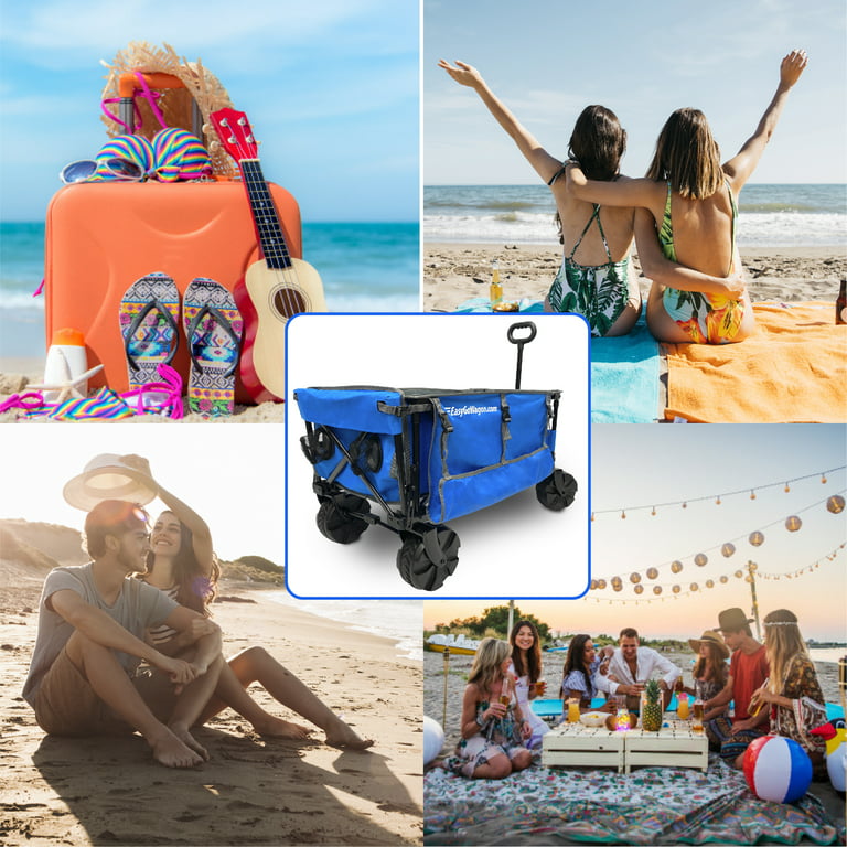 EasyGoProducts Big Wheel Utility Cart with Rear Table and Side Umbrella Holders-Heavy Duty Deluxe, Folding Beach Wagon Blue