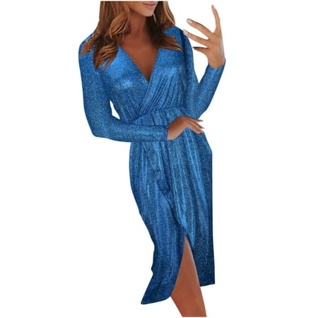 

Long Sleeve Dress for Women Prom Dress Women s Spring and Autumn V-Neck Bronzing Elegant Long-Sleeved Mid-Skirt Dress Skirt Slit Slim Dress Clearance Casual Dresses for Women Corset Dress Blue S