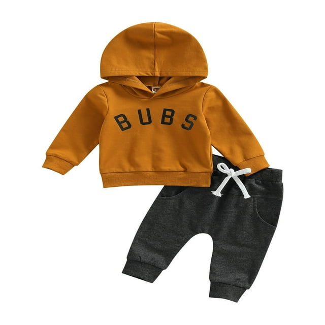 Newborn 2Pcs Outfits Capital Letter Print Long Sleeve Hooded Pullover + Elastic Drawstring Side Pockets Trousers