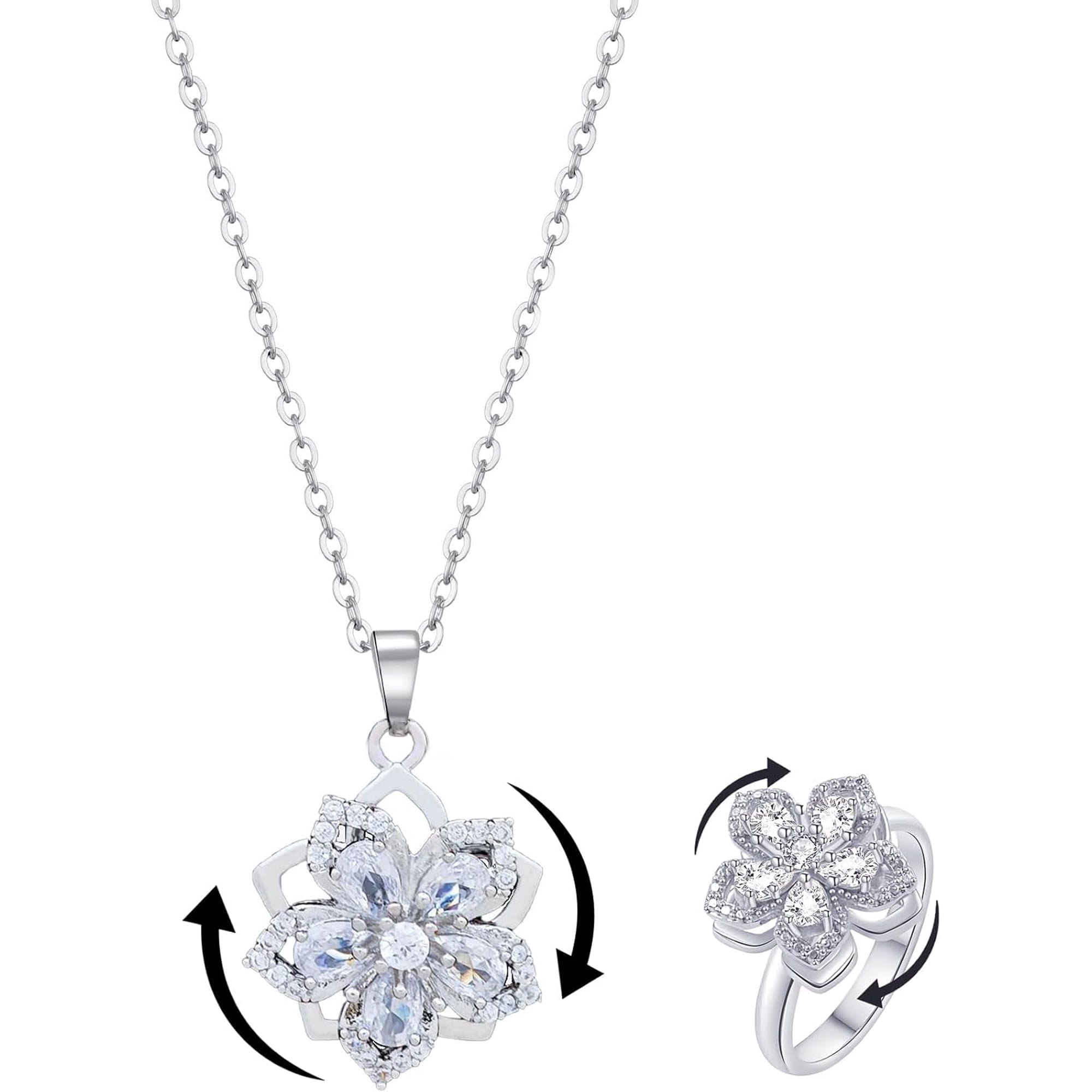 Necklace for Women Gold Flower Fidget Necklace Rotatable Crystal Silver Blossom Pendant Necklaces Adjustable Spinning Fidget Necklaces Redbud Flower Choker Funny Gift Jewelry