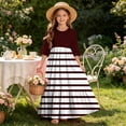 thumbnail image 7 of Girls Short Sleeve Maxi Dress Striped Print Casual Fit and Flare Party Dress with Pockets Wine 4-5 Years, 7 of 7