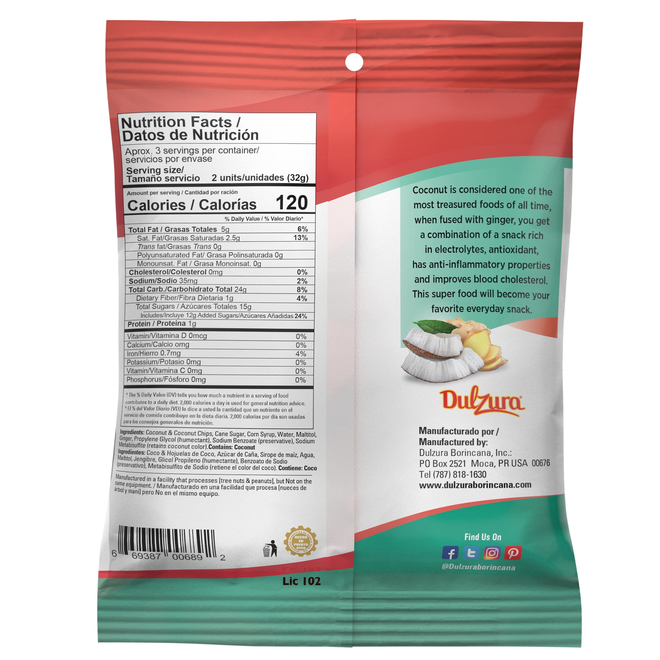Dulzura Borincana Coconut Ginger Mini Entree Bites Snack 3.4 oz Bag