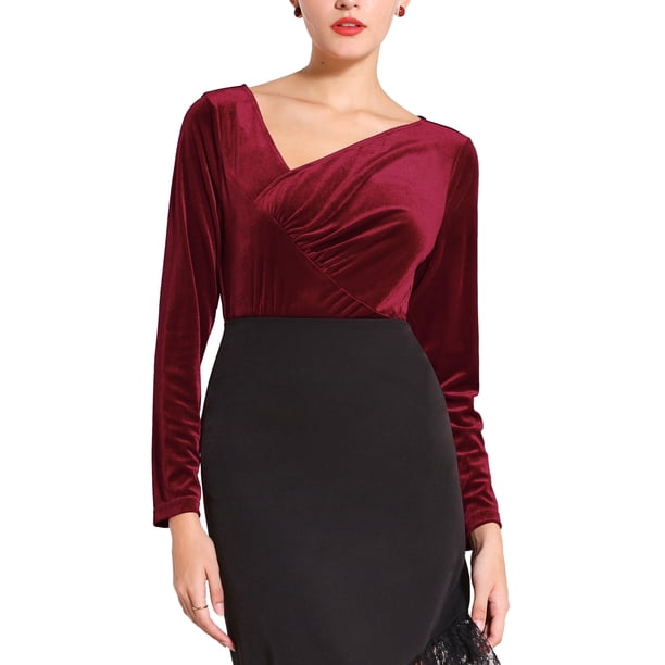 INSPIRAR CHIC Blusa de Fiesta Ajustada para Mujeres con Cuello Arrugado Asimétrico de Manga Larga de Terciopelo 2XL Rojo Vino